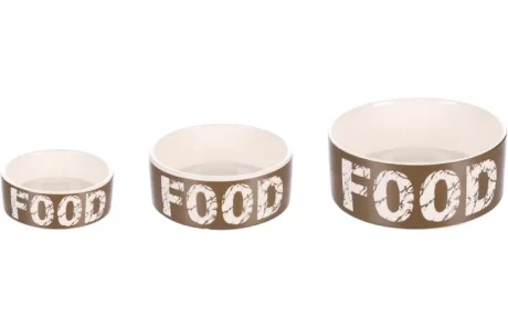 Pot à nourriture pour chien en céramique taupe/blanc avec une inscription amusante.