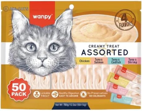 Wanpy Creamy Lickable Cat Treats Assorted – 4 Different Flavors (14g x 50pc)